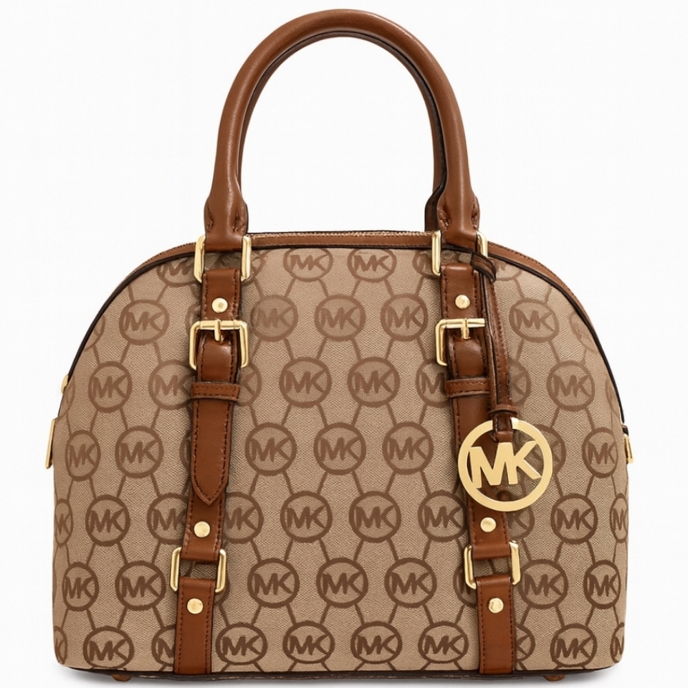 ✨️Michael Michael Kors Brown And Beige Bedford Bowling Monogram Jacquard Satchel